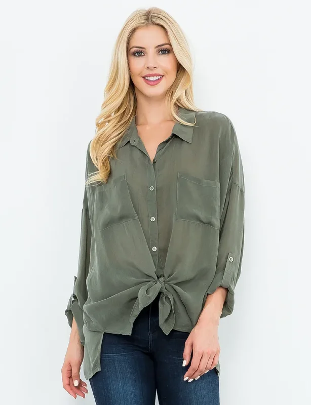 Cargo Button Down Tie Top, Olive