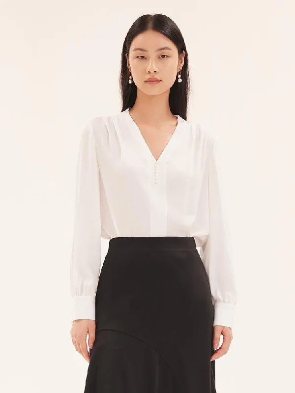 White Acetate V-Neck Women Blouse