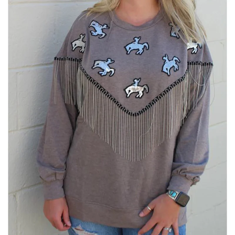 Grey with Sequins Bronc Fringe Sweater