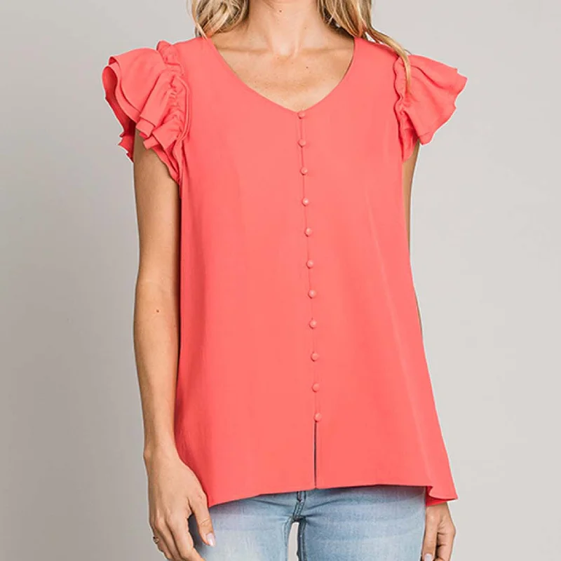 Women's Solid Bubble Ruffle Sleeve Top