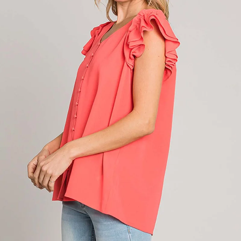 Women's Solid Bubble Ruffle Sleeve Top