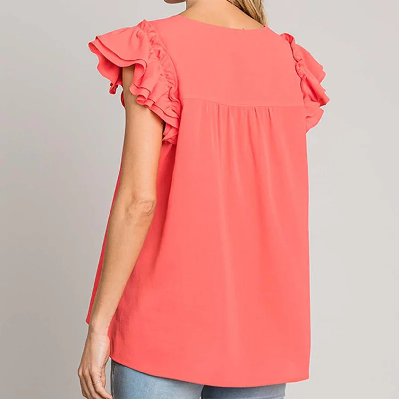 Women's Solid Bubble Ruffle Sleeve Top