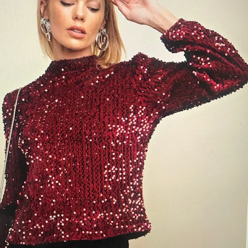 Kori America Women's Solid Sequin Long Sleeve Top