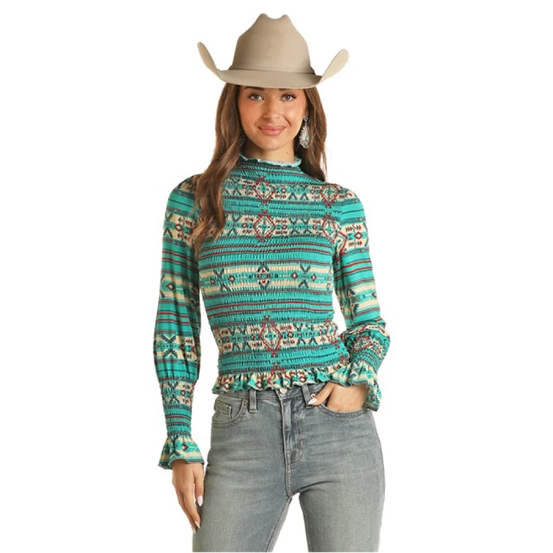 Rock & Roll Women's Teal Aztec Smocked Shirt