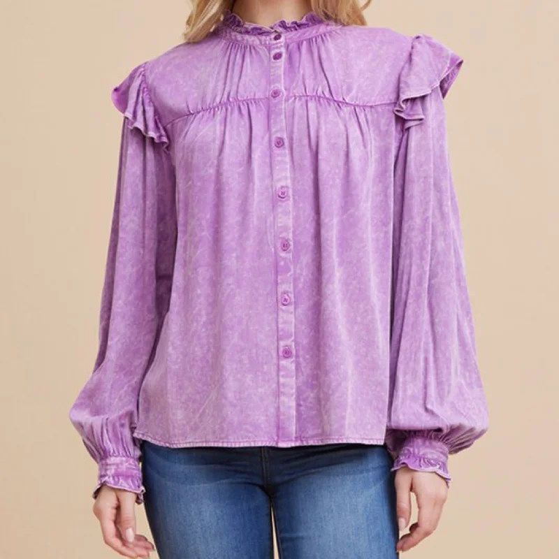 Jodifl Women's Purple Ruffle Poet Sleeve Shirt