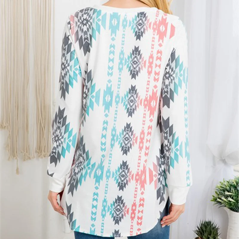 Avery Women's White Turquoise & Coral Aztec Shirt