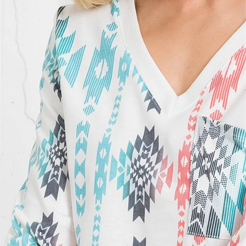 Avery Women's White Turquoise & Coral Aztec Shirt