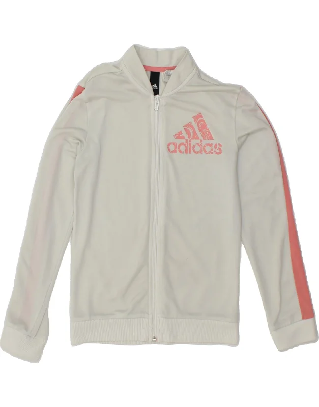 ADIDAS Girls Graphic Tracksuit Top Jacket 11-12 Years White Colourblock