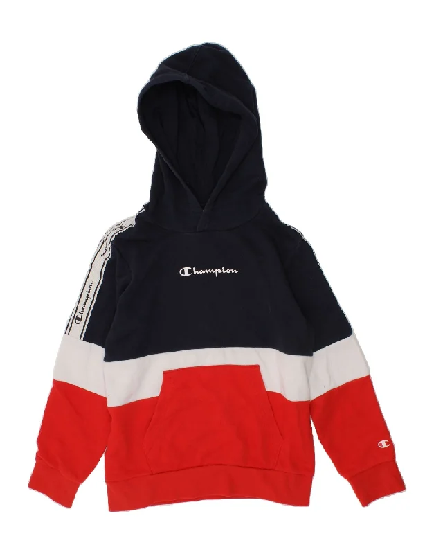 CHAMPION Boys Graphic Hoodie Jumper 7-8 Years Small  Navy Blue Colourblock