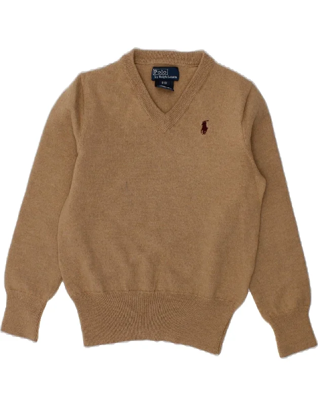 POLO RALPH LAUREN Boys V-Neck Jumper Sweater 7-8 Years Small Brown