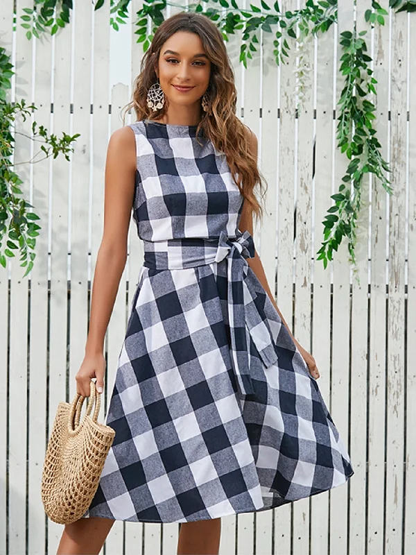 KittenAlarm - Plaid Zip Back Flare Dress with Waist Belt