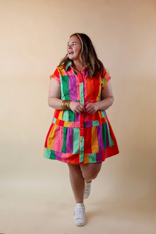 Appreciate You Color Block Corduroy Button Up Dress in Multi