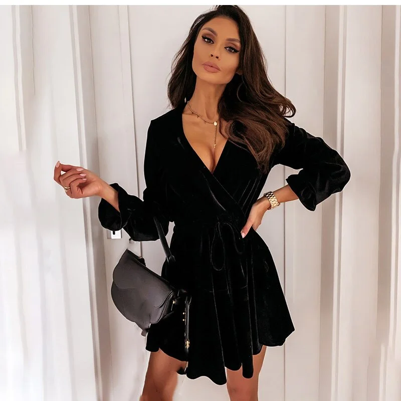 FashionSierra - Casual Long Sleeve V-neck Lace Up Party Dress