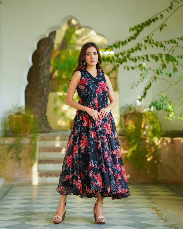 Black Tiered & Floral Tie-up Dress