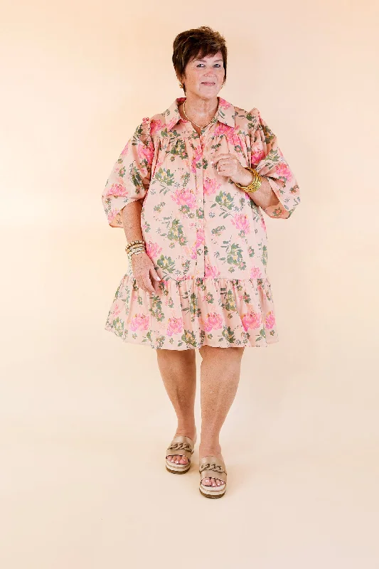 Blooming Chic Button Up Floral Print Dress with Collar in Peach