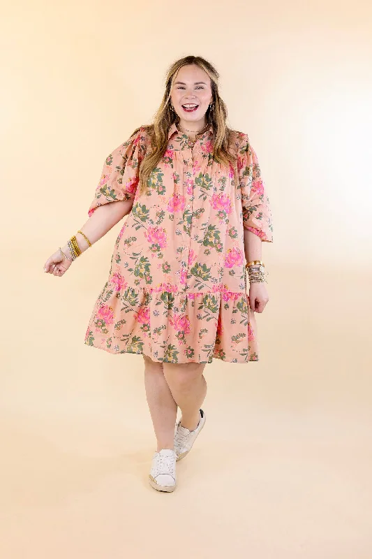 Blooming Chic Button Up Floral Print Dress with Collar in Peach