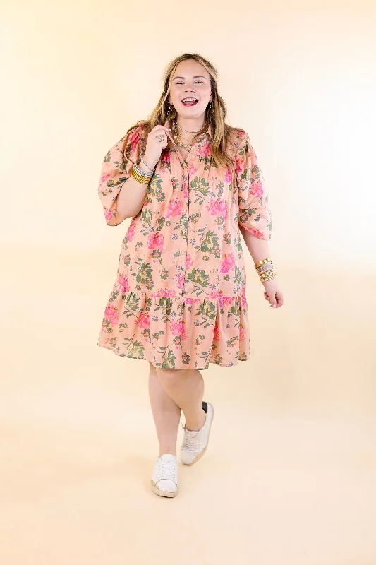 Blooming Chic Button Up Floral Print Dress with Collar in Peach