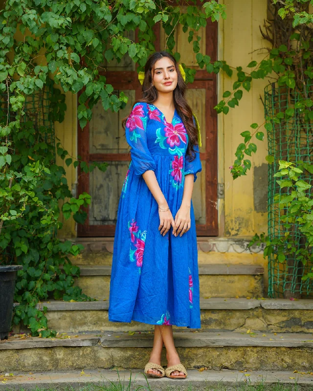 Blue Handpainted Floral Dress