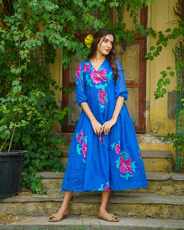 Blue Handpainted Floral Dress