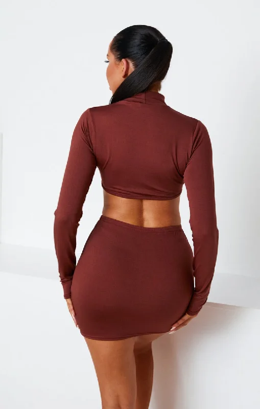 Brown High Neck Long Sleeve Cut Out Side Bodycon Mini Dress - Saanvi