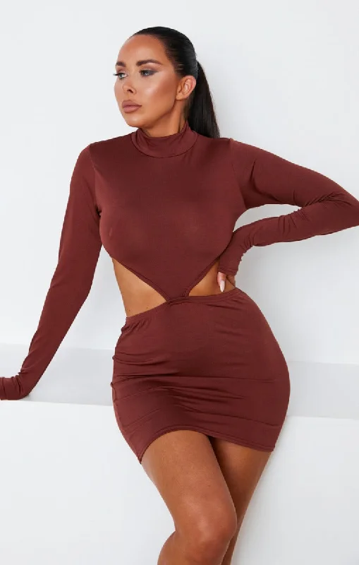 Brown High Neck Long Sleeve Cut Out Side Bodycon Mini Dress - Saanvi