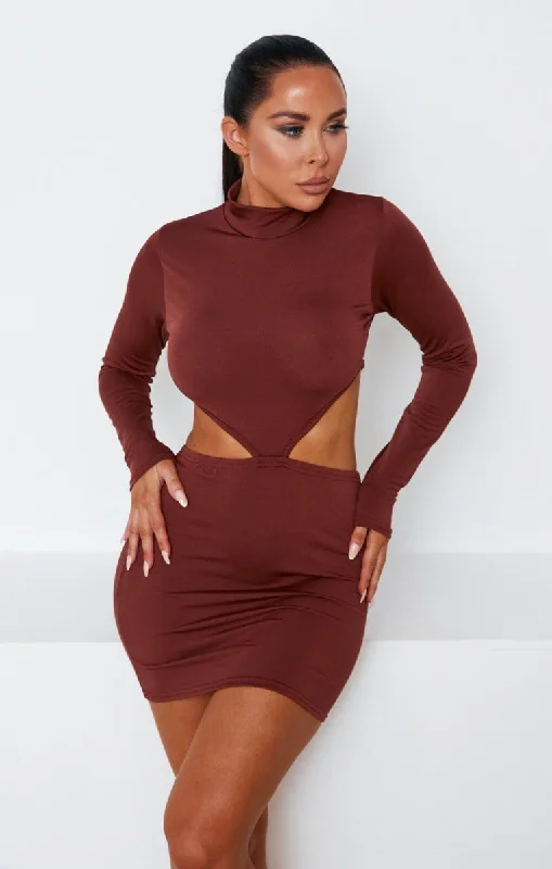 Brown High Neck Long Sleeve Cut Out Side Bodycon Mini Dress - Saanvi