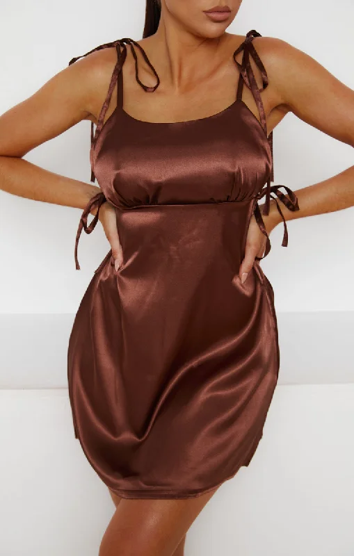 Chocolate Satin Ruched Bust Tie Detail Mini Dress - Azaria