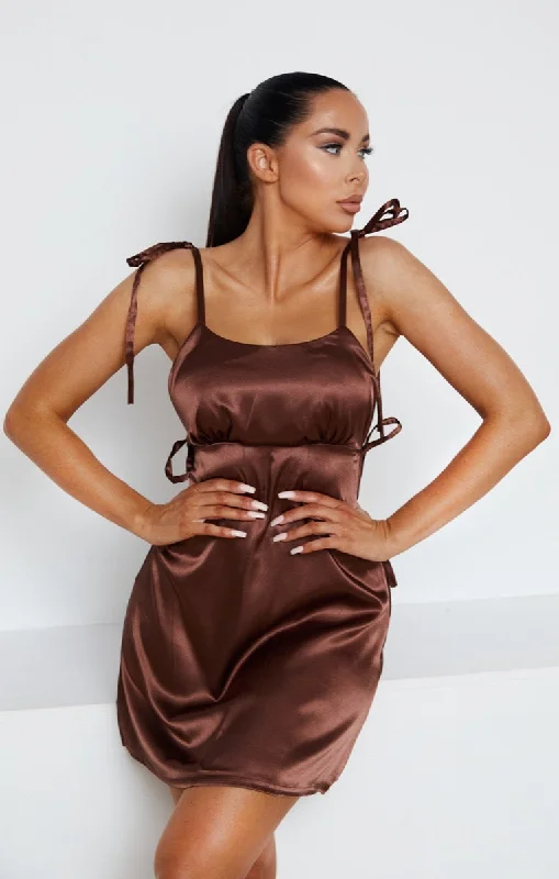 Chocolate Satin Ruched Bust Tie Detail Mini Dress - Azaria