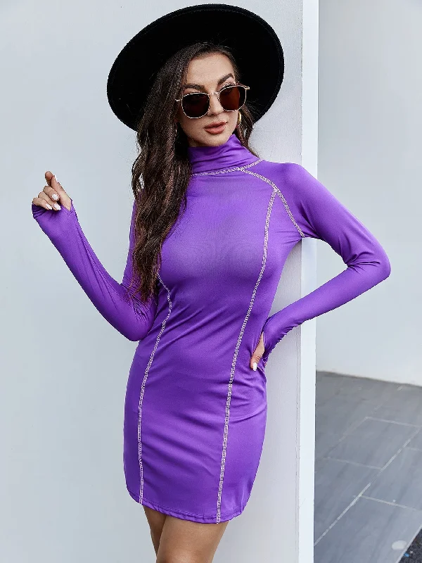 KittenAlarm - Contrasting tight-fitting stretch-collar zipper long-sleeved dress