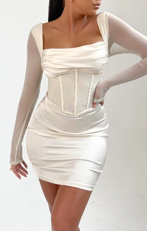 Cream Long Sleeve Corset Bodycon Mini Dress - Nyasia