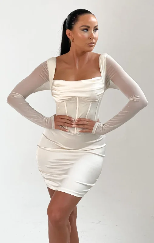 Cream Long Sleeve Corset Bodycon Mini Dress - Nyasia