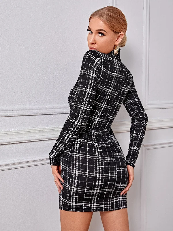 KittenAlarm - High Neck Gingham Print Split Bodycon Dress