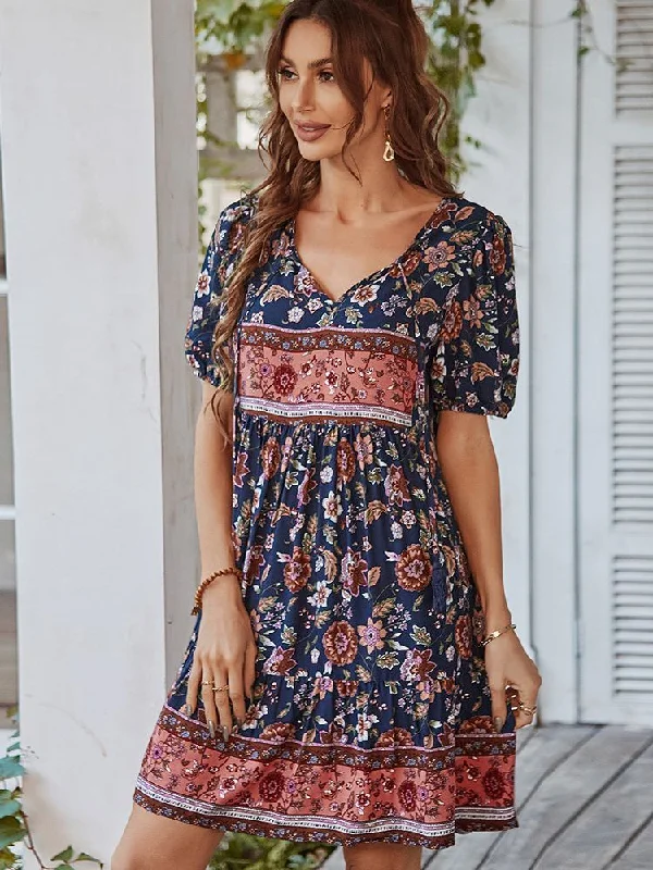 FashionSierra - Boho Floral Print High Waist Ruffles Sleeve Mini Dress