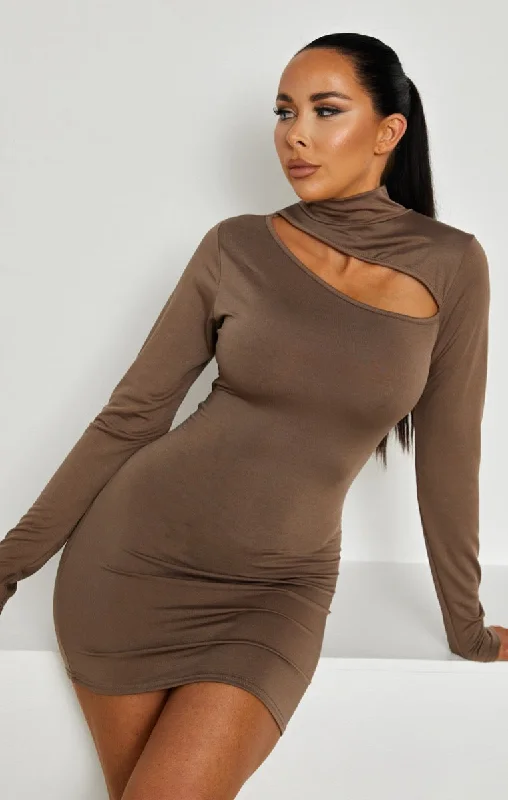 Mocha High Neck Long Sleeve Cut Out Bodycon Mini Dress - Reve