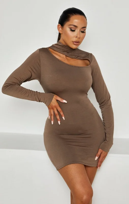 Mocha High Neck Long Sleeve Cut Out Bodycon Mini Dress - Reve