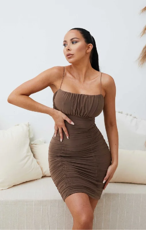 Mocha Slinky Ruched Strappy Bodycon Mini Dress - Nia