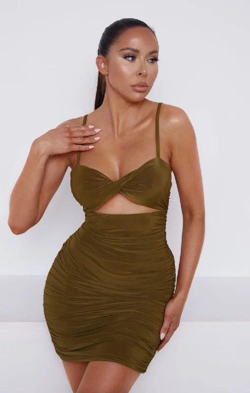 Olive Green Slinky Ruched Cut Out Strappy Bodycon Mini Dress - Mina