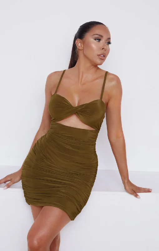 Olive Green Slinky Ruched Cut Out Strappy Bodycon Mini Dress - Mina