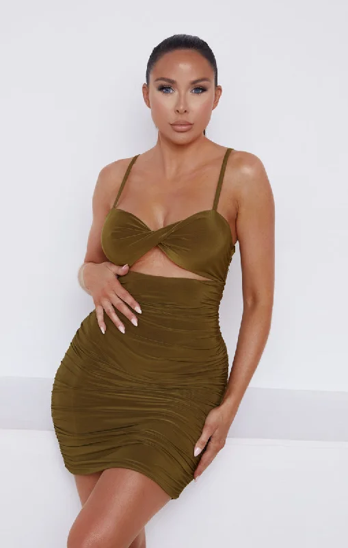 Olive Green Slinky Ruched Cut Out Strappy Bodycon Mini Dress - Mina