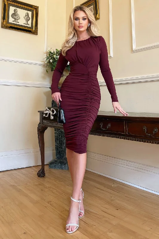 Plum Long Sleeve Ruched Bodycon Dress