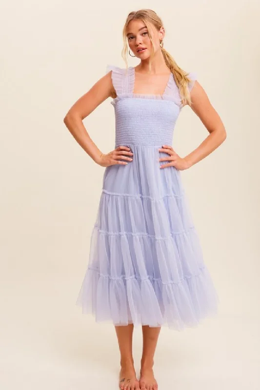 Fiori Short Blue Tulle Tiered Midi Dress