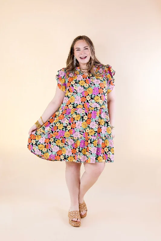 Pretty Days Floral Notched Neckline Dress in Black