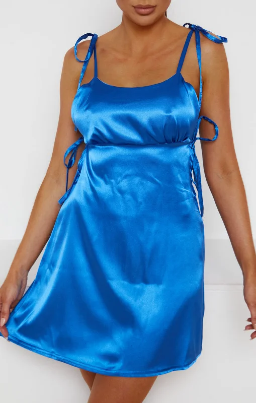 Royal Blue Satin Ruched Bust Tie Detail Mini Dress - Azaria