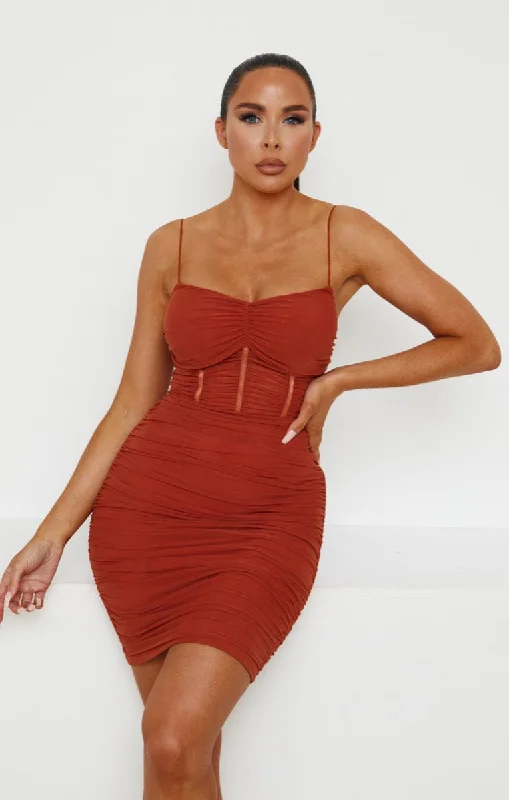 Rust Mesh Ruched Sheer Panel Strappy Bodycon Mini Dress - Hester