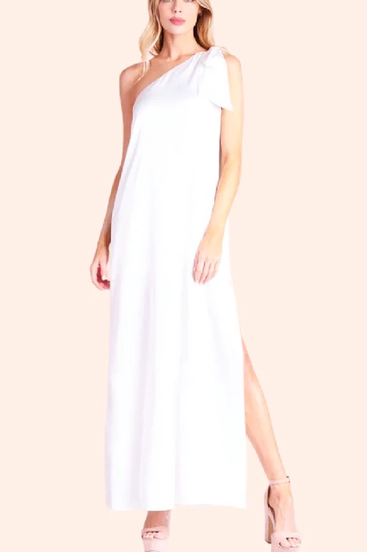 San Miguel One Shoulder Silky Maxi Dress - White