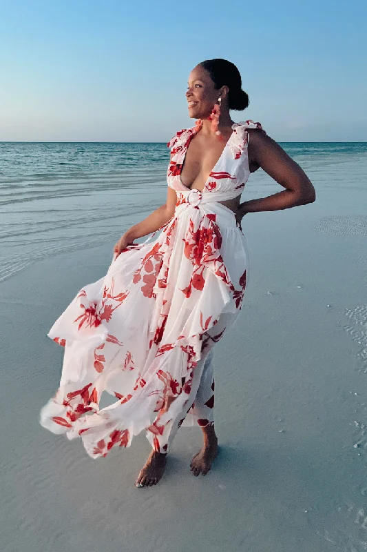 Sandra Red and White Floral Maxi Dress