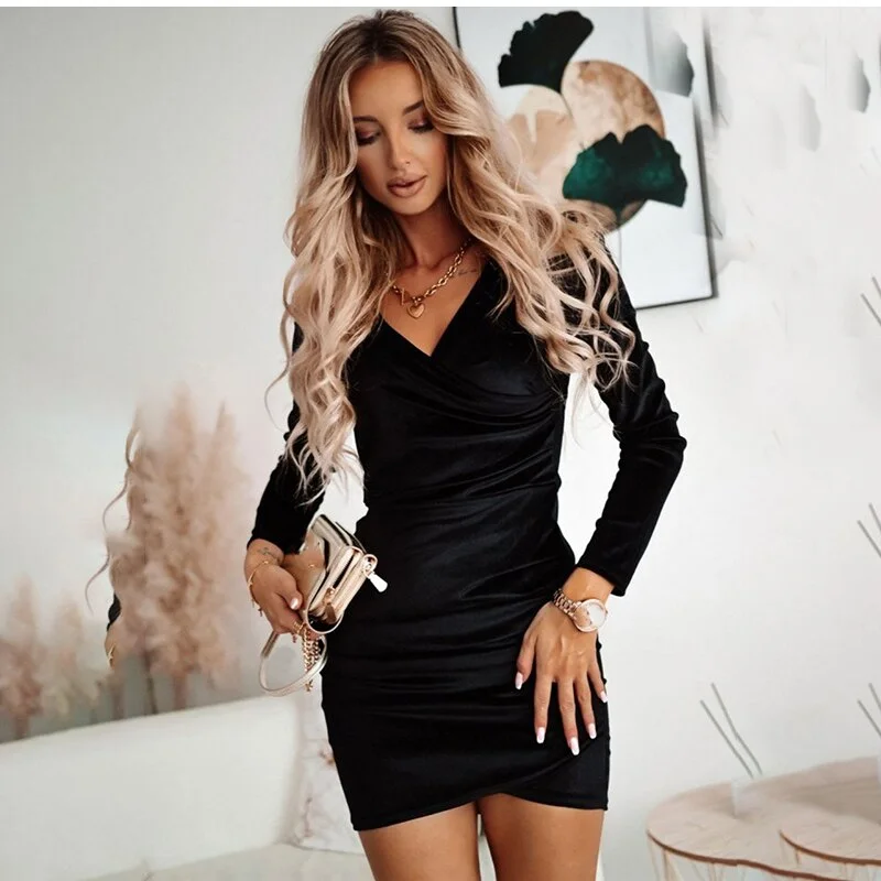 FashionSierra - Casual V-neck Long Sleeve Bodycon Party Dress