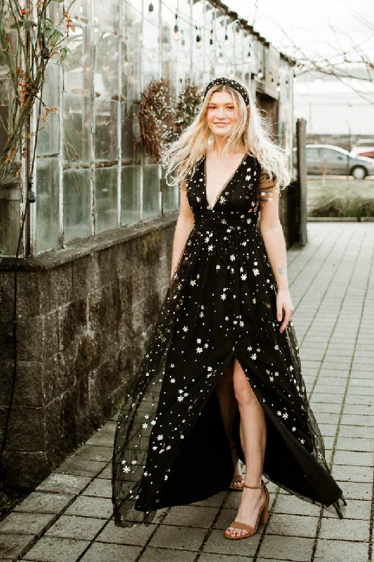 Starry Eyed Sequin Star Mesh Maxi - Black