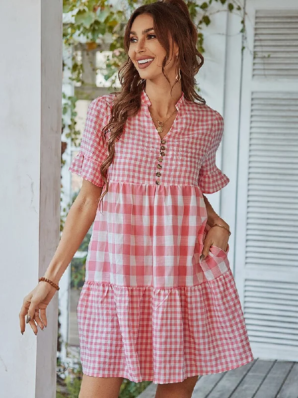 FashionSierra - Plaid Short Sleeve Loose Ruffle Stitching Beach Dress