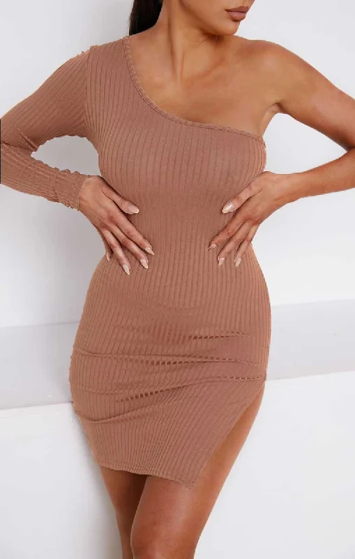 Taupe Ribbed One Shoulder Long Sleeve Side Split Bodycon Mini Dress - Maren